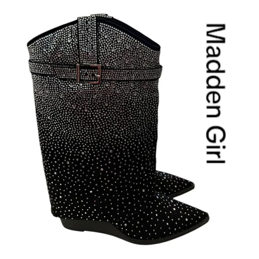 Madden Girl Joe-R Rhinestone Cuffed Wedge Black Western Dress Booties Boots 7.5